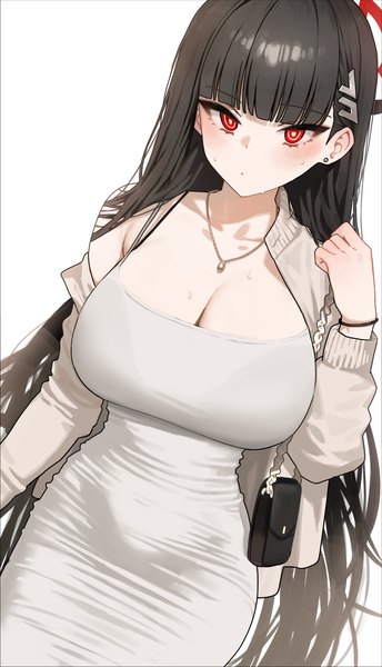 Anime-Bild 1712x2982 mit blue archive rio (blue archive) mochirong single long hair tall image looking at viewer blush fringe highres breasts light erotic black hair simple background red eyes large breasts standing white background cleavage off shoulder