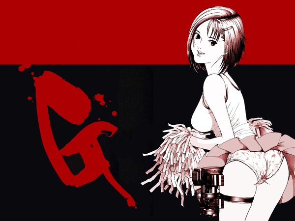 Anime picture 1600x1200 with gantz gonzo kishimoto kei short hair light erotic simple background ass looking back pantyshot cheerleader girl skirt