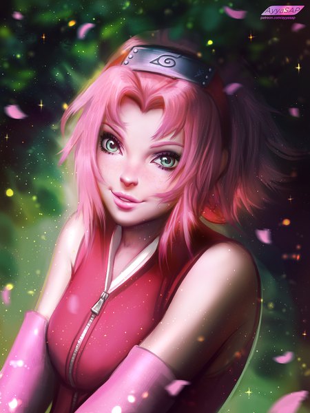 Anime picture 3000x4000 with naruto studio pierrot naruto (series) haruno sakura ayyasap single tall image looking at viewer fringe highres short hair smile green eyes signed payot pink hair outdoors parted lips lips blurry