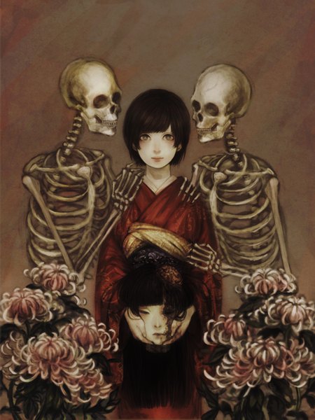 Anime picture 2200x2934 with su-jinko long hair tall image highres short hair black hair holding traditional clothes japanese clothes grey eyes pale skin skeleton bone (bones) girl flower (flowers) blood skull higanbana