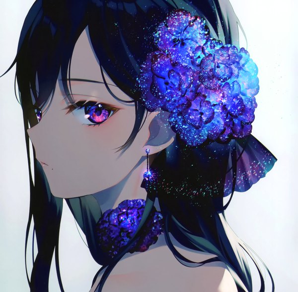 Anime picture 2100x2057 with original achiki single long hair looking at viewer fringe highres black hair simple background hair between eyes purple eyes payot profile hair flower scan grey background mole sparkle gradient background portrait