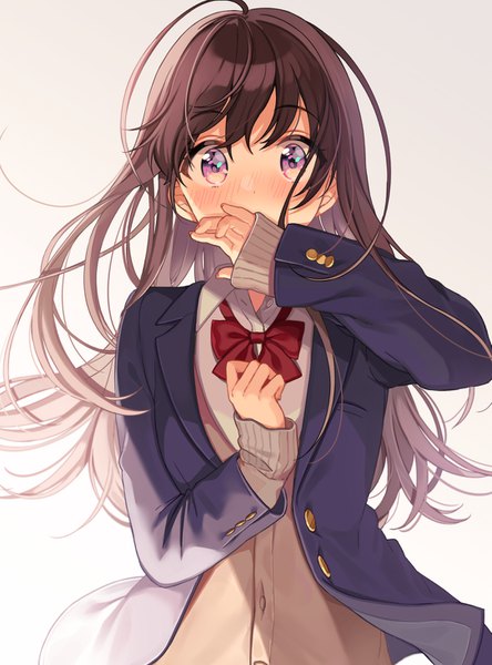 Anime picture 1083x1462 with original shigure ui single long hair tall image looking at viewer blush fringe simple background hair between eyes brown hair standing purple eyes upper body open clothes sleeves past wrists covered mouth girl uniform school uniform