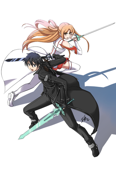 Anime picture 1800x2657 with sword art online a-1 pictures yuuki asuna kirigaya kazuto ishquid long hair tall image blush highres short hair open mouth black hair brown hair brown eyes black eyes shadow girl boy weapon sword