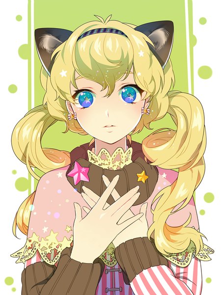 Anime picture 800x1066 with vocaloid seeu tyuh (pixiv) single long hair tall image looking at viewer fringe blue eyes blonde hair hair between eyes twintails animal ears upper body ahoge head tilt cat ears hand on chest symbol-shaped pupils crossed arms