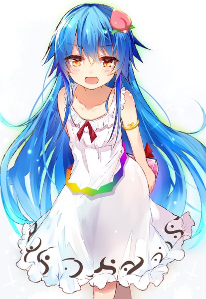 Anime picture 689x1000 with touhou hinanawi tenshi efe single long hair tall image looking at viewer blush fringe open mouth simple background hair between eyes white background yellow eyes blue hair :d alternate costume hands behind back crossed legs (standing) no hat