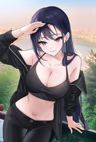 Anime picture 1994x2940 with original lebring single long hair tall image looking at viewer blush fringe highres breasts light erotic black hair smile hair between eyes large breasts standing purple eyes sky outdoors arm up