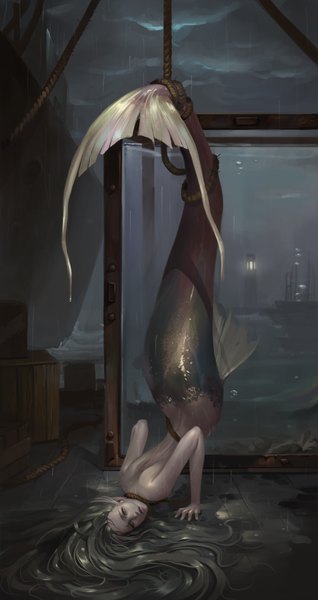 Anime picture 2091x3946 with original midfinger22 single long hair tall image looking at viewer highres light erotic silver hair cloud (clouds) tail parted lips lips topless rain silver eyes upside down monster girl fish tail tied up