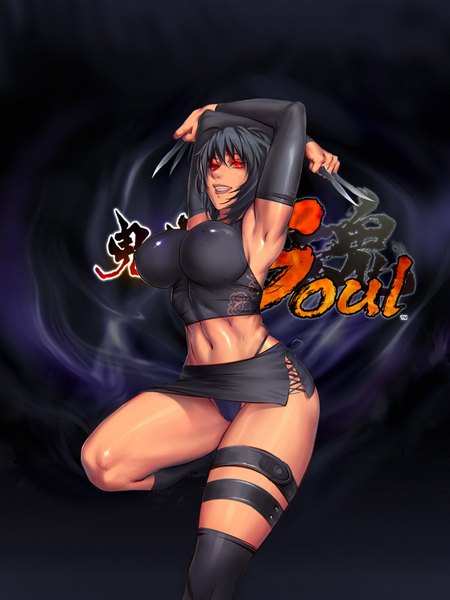 Anime picture 1200x1600 with onimusha soul agnidevi (artist) single tall image looking at viewer short hair breasts light erotic black hair red eyes large breasts holding blue hair bare belly armpit (armpits) midriff erect nipples glowing covered nipples glowing eye (eyes)