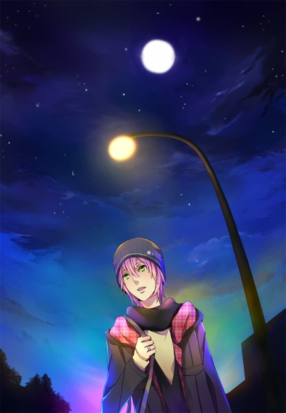 Anime picture 1000x1440 with vocaloid vy2 66 (roro) 673rokunami single tall image short hair open mouth green eyes looking away pink hair cloud (clouds) open clothes open jacket night sky boy scarf star (stars) ring cap