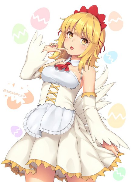Anime picture 640x864 with original sasaame single tall image blush fringe short hair open mouth blonde hair white background bare shoulders yellow eyes finger to mouth girl detached sleeves headdress maid headdress apron