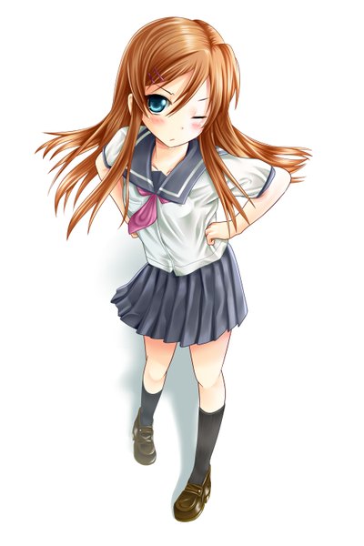 Anime picture 1000x1500 with ore no imouto ga konna ni kawaii wake ga nai kousaka kirino arudehido long hair tall image blush blue eyes simple background white background one eye closed wink orange hair girl skirt uniform school uniform miniskirt