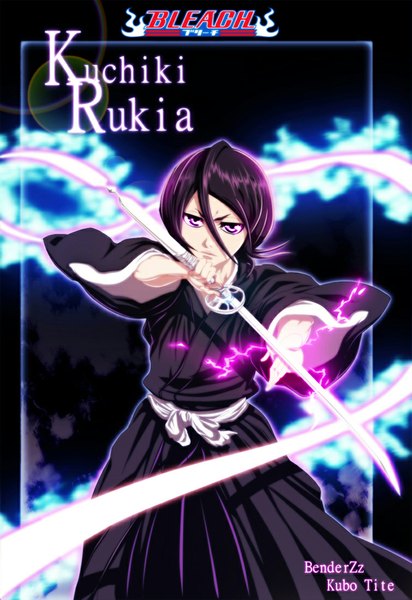 Anime picture 756x1100 with bleach studio pierrot kuchiki rukia benderzz single tall image short hair black hair traditional clothes japanese clothes pink eyes inscription coloring magic girl ribbon (ribbons) weapon sword belt kimono