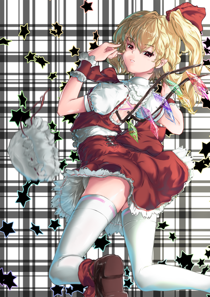 Anime picture 1447x2046 with touhou flandre scarlet niwasaki (hukuro9011) single tall image looking at viewer short hair blonde hair red eyes one side up girl thighhighs dress white thighhighs wings star (stars) crystal