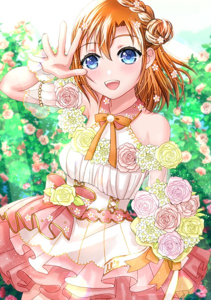 Anime picture 2039x2894 with love live! school idol project sunrise (studio) love live! kousaka honoka phychonyanko single tall image looking at viewer blush fringe highres short hair open mouth blue eyes smile hair between eyes standing bare shoulders braid (braids) :d