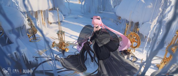 Anime picture 3360x1440 with genshin impact sangonomiya kokomi void 0 (artist) single fringe highres wide image sitting bare shoulders holding pink hair bent knee (knees) eyes closed very long hair from above sunlight alternate costume girl thighhighs dress