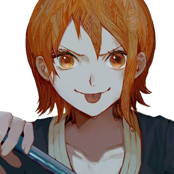 Anime picture 2048x2048 with one piece toei animation nami (one piece) yadu nadu single looking at viewer highres short hair simple background white background upper body orange hair orange eyes girl tongue