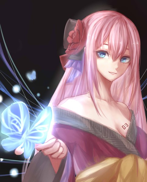Anime picture 1775x2200 with vocaloid megurine luka etude single long hair tall image fringe highres blue eyes smile bare shoulders pink hair traditional clothes japanese clothes hair flower tattoo butterfly on hand girl hair ornament flower (flowers)