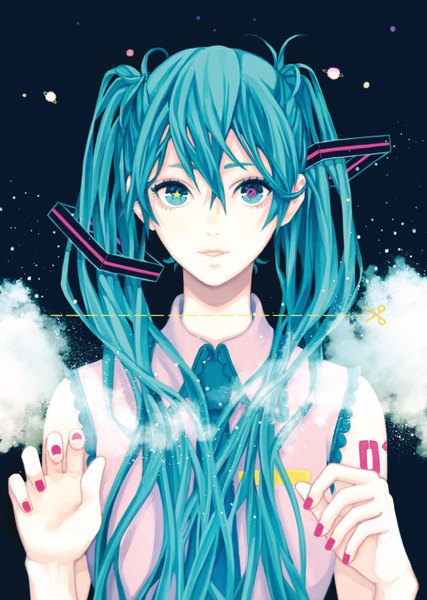 Anime picture 600x842 with vocaloid hatsune miku yoonmi single long hair tall image looking at viewer fringe hair between eyes twintails cloud (clouds) upper body nail polish parted lips aqua eyes aqua hair sleeveless symbol-shaped pupils pink nail polish girl
