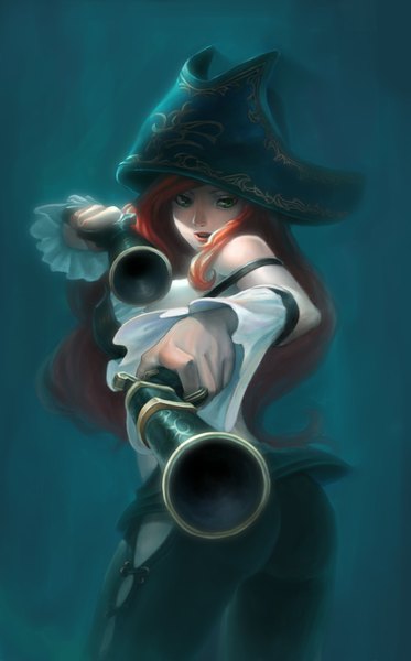 Anime picture 686x1102 with league of legends miss fortune (league of legends) bling single long hair tall image green eyes ass red hair pirate girl weapon hat gun pistol pirate hat