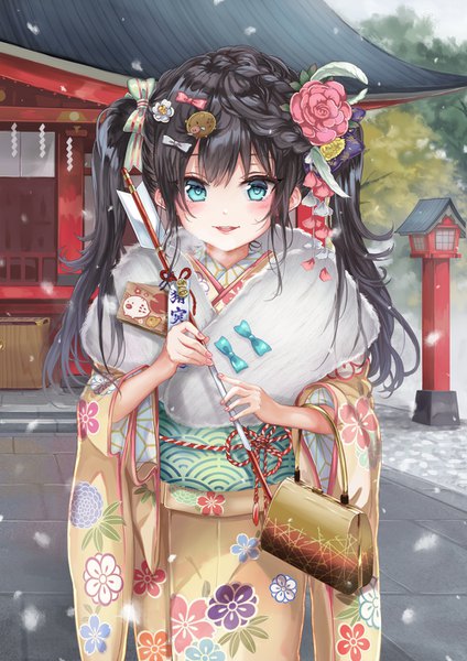 Anime picture 1000x1414 with original pisuke single long hair tall image looking at viewer blush fringe open mouth black hair smile standing twintails holding outdoors braid (braids) nail polish traditional clothes japanese clothes hair flower