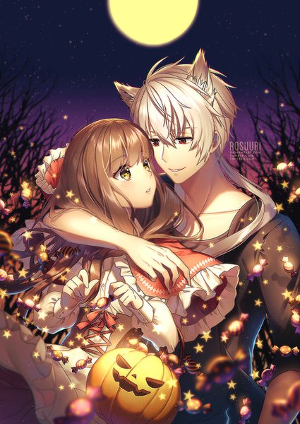 Anime picture 900x1269 with little red riding hood mystic messenger protagonist (mystic messenger) zen (mystic messenger) rosuuri long hair tall image blush fringe hair between eyes red eyes brown hair animal ears yellow eyes white hair night night sky couple hug low ponytail