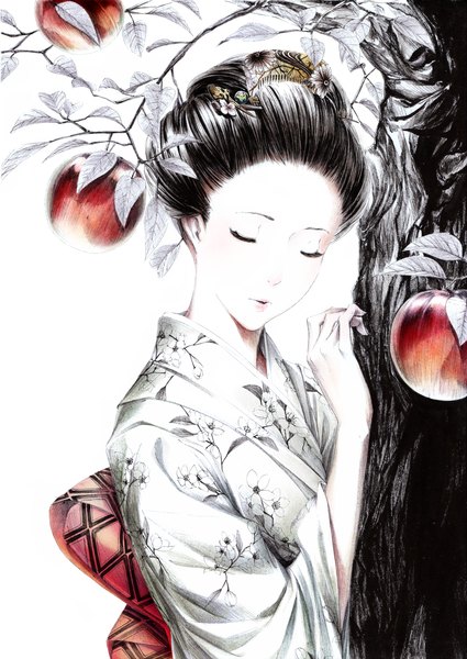 Anime picture 1100x1553 with original sousou (sousouworks) single tall image open mouth black hair white background eyes closed traditional clothes japanese clothes floral print monochrome girl hair ornament plant (plants) tree (trees) kimono hairclip leaf (leaves) branch