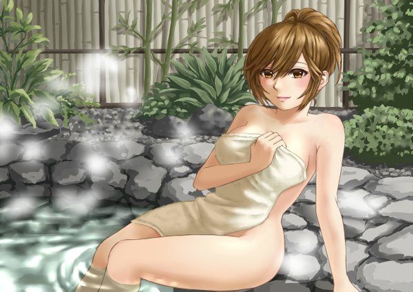 Anime picture 1203x852 with vocaloid meiko hamura mayu blush short hair light erotic brown hair sitting brown eyes covering nude cover girl plant (plants) water towel