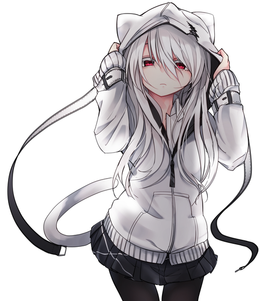 Anime picture 1500x1742 with original shiroi ko (otokuyou) otokuyou single long hair tall image looking at viewer simple background red eyes standing white background animal ears white hair tail animal tail pleated skirt cat ears cat girl cat tail adjusting clothes