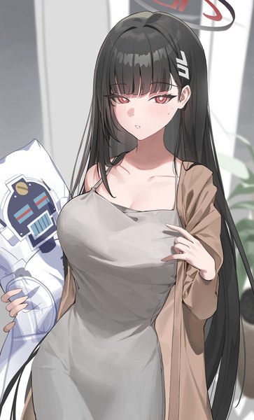 Anime picture 3991x6594 with blue archive rio (blue archive) yo owl single long hair tall image looking at viewer blush fringe highres breasts black hair red eyes standing holding absurdres blunt bangs long sleeves parted lips open clothes