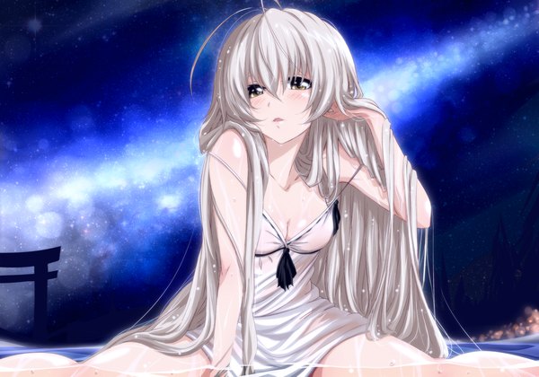 Anime picture 1500x1050 with yosuga no sora kasugano sora cake (nico seiga) single long hair blush light erotic brown eyes cleavage white hair strap slip milky way girl