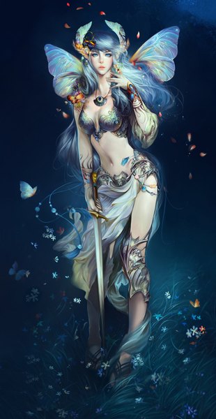 Anime picture 1000x1932 with perfect world haoyuan single long hair tall image looking at viewer highres blue eyes blue hair very long hair wind realistic tattoo insect wings butterfly wings girl navel hair ornament flower (flowers) plant (plants)