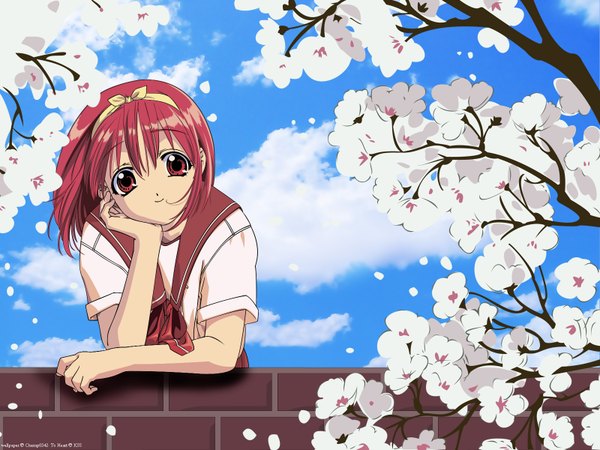 Anime picture 1600x1200 with to heart kamigishi akari single looking at viewer fringe short hair smile hair between eyes red eyes signed sky cloud (clouds) outdoors red hair head tilt wind short sleeves cherry blossoms chin rest girl