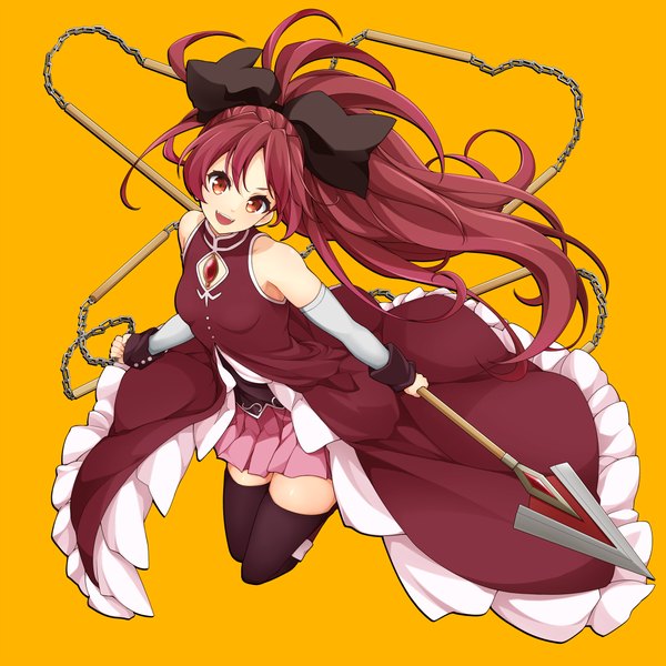 Anime picture 1011x1011 with mahou shoujo madoka magica shaft (studio) sakura kyouko jampen single long hair looking at viewer open mouth simple background red eyes full body ponytail red hair head tilt orange background girl thighhighs bow weapon black thighhighs