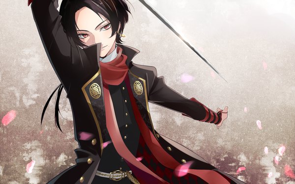 Anime picture 1600x1000 with touken ranbu nitroplus kashuu kiyomitsu otton single long hair black hair red eyes upper body open jacket outstretched arm boy weapon earrings petals sword jacket scarf katana red scarf