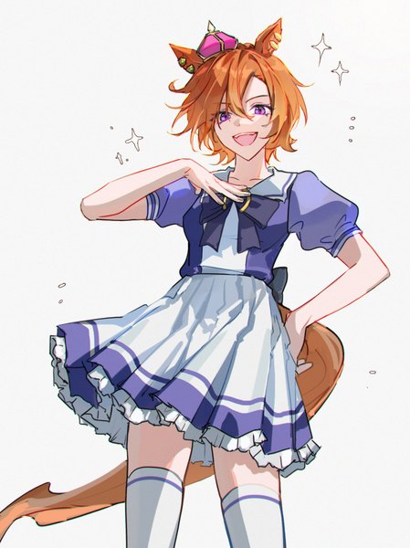 Anime picture 1087x1454 with umamusume t.m. opera o (umamusume) migan single tall image looking at viewer short hair open mouth simple background standing white background purple eyes animal ears tail :d animal tail orange hair puffy sleeves hand on hip horse ears