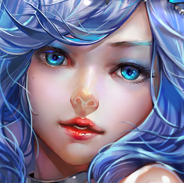 Anime picture 904x902 with original hx (091113) single looking at viewer blue eyes parted lips lipstick portrait close-up face eyeshadow red lipstick makeup girl