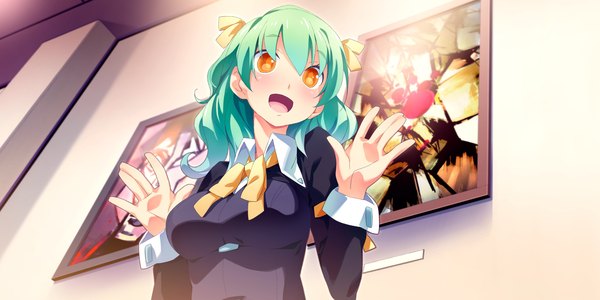 Anime picture 2400x1200 with kaminoyu (game) long hair highres open mouth wide image game cg green hair orange eyes girl