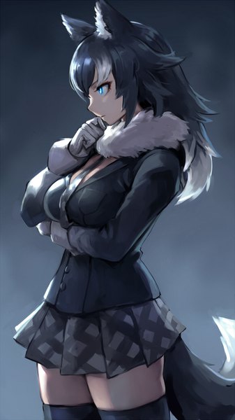 Anime picture 578x1029 with kemono friends grey wolf (kemono friends) oopartz (grooooovy) oopartz yang single long hair tall image blue eyes black hair simple background standing animal ears looking away white hair tail animal tail profile pleated skirt multicolored hair two-tone hair