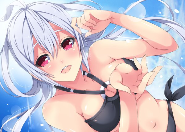 Anime picture 1000x715 with phantasy star phantasy star online 2 sega matoi (pso2) milkpanda single long hair looking at viewer blush breasts open mouth light erotic red eyes silver hair girl navel swimsuit bikini black bikini