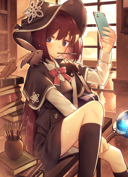 Anime picture 668x920 with original nagareboshi single long hair tall image blush fringe blue eyes hair between eyes brown hair sitting holding indoors long sleeves mouth hold self shot girl hat shirt socks