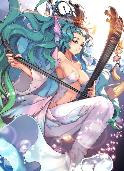 Anime picture 800x1100 with original r.alnilam single long hair tall image looking at viewer breasts light erotic bare shoulders yellow eyes tail green hair :o fish tail navel mermaid