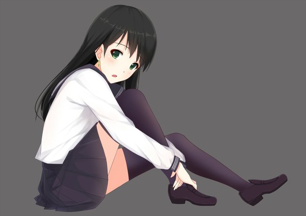 Anime picture 1810x1280 with original itachi kanade single long hair looking at viewer blush highres open mouth black hair green eyes grey background girl thighhighs skirt uniform black thighhighs serafuku