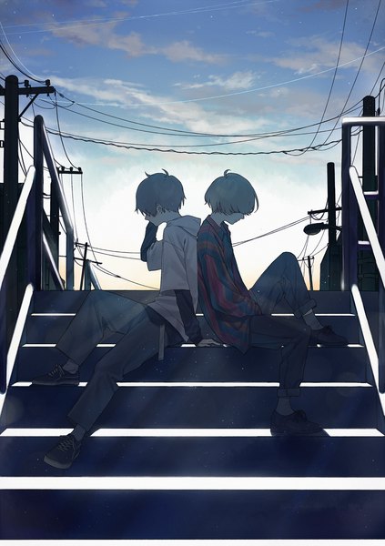 Anime picture 1437x2040 with nico nico singer sou (nico nico singer) eve (nico nico singer) aiko (aiko 54) tall image fringe short hair sitting sky cloud (clouds) full body bent knee (knees) profile grey hair arm support multiple boys lacing back to back hair over eyes boy