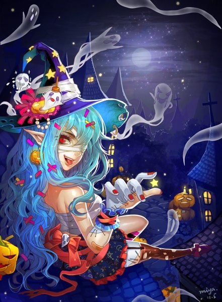 Anime picture 882x1200 with original zi jun single long hair tall image looking at viewer red eyes sitting bare shoulders blue hair nail polish pleated skirt pointy ears halloween ghost bandage over one eye girl thighhighs skirt earrings