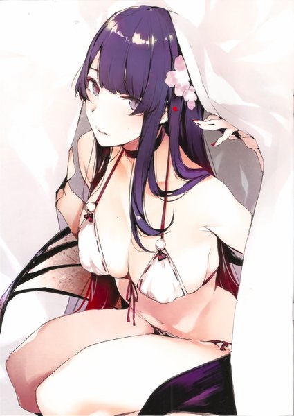 Anime picture 4295x6060 with original shunsei (muratou) single long hair tall image looking at viewer blush fringe highres breasts light erotic simple background large breasts sitting purple eyes payot absurdres cleavage purple hair blunt bangs