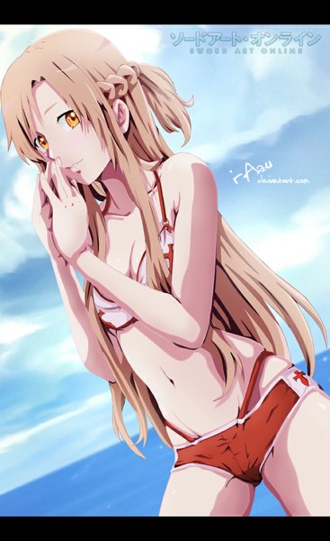 Anime picture 674x1100 with sword art online a-1 pictures yuuki asuna i-azu single long hair tall image looking at viewer breasts light erotic brown hair brown eyes signed sky cloud (clouds) braid (braids) light smile inscription coloring watermark