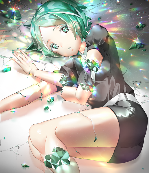 Anime-Bild 1000x1165 mit houseki no kuni phosphophyllite h shai single tall image looking at viewer short hair green eyes lying nail polish green hair puffy sleeves on side shiny androgynous crack uniform debris