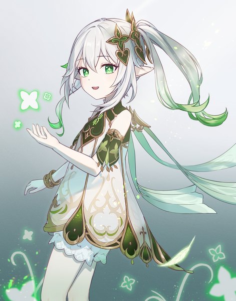 Anime picture 2200x2800 with genshin impact nahida (genshin impact) orchis ai ai (user vtyz5243) single long hair tall image fringe highres hair between eyes green eyes looking away silver hair pointy ears grey background gradient background side ponytail girl knickers