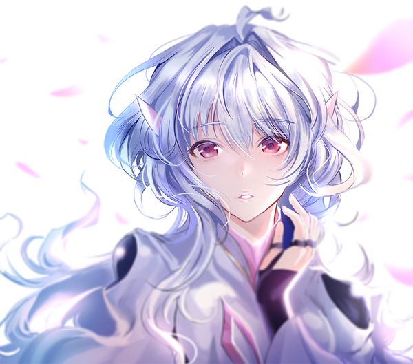 Anime picture 1000x882 with fate (series) fate/grand order fate/prototype merlin (fate/prototype) boba single long hair looking at viewer fringe hair between eyes white background silver hair upper body ahoge parted lips pink eyes girl petals
