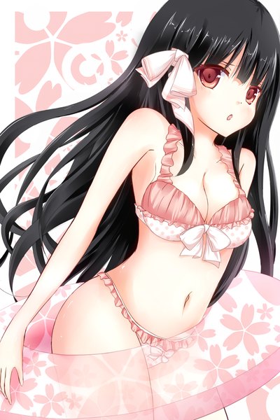 Anime picture 900x1347 with touhou houraisan kaguya odero single long hair tall image looking at viewer light erotic black hair red eyes cleavage bare belly floral print girl navel ribbon (ribbons) swimsuit hair ribbon swim ring